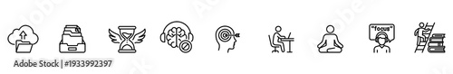 Icon line outline productivity education business workplace goal set of minimal vector symbols for upload printer trophy brain target desk work meditation focus ladder book