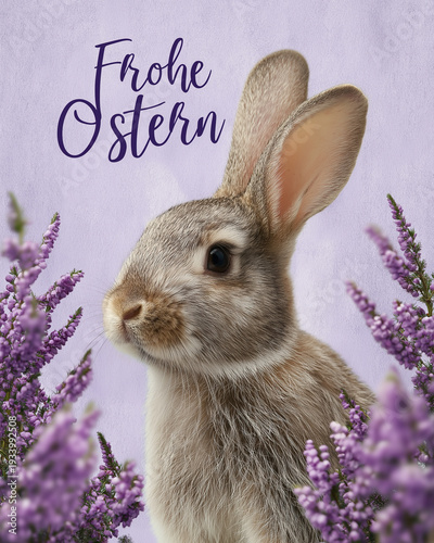 Wallpaper Mural Majestic grey rabbit gazes alertly amid vibrant purple lavender blooms on soft lilac background. Torontodigital.ca