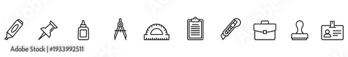 Icon stationery outline vector education office tool set black and white line art collection featuring pushpin glue compass protractor clipboard cutter briefcase stamp badge