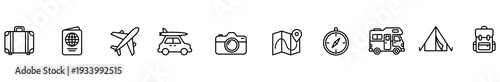 Travel icon suitcase passport airplane taxi camera map compass camper line outline set for tourism, vacation planning, navigation, road trip, camping, web interface, minimal black design