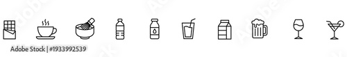 Beverage drink icon outline set alcohol coffee water milk minimal black line symbol collection featuring cup bottle glass carton beer wine cocktail chocolate tea for menu design