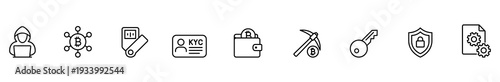 Cybersecurity blockchain cryptocurrency bitcoin wallet mining key shield authentication compliance line icon set for digital finance, identity verification, document security, and network privacy