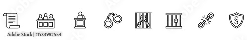 Law justice security document crowd podium handcuff prison chain shield icon set in thin line style, legal system and public safety concept with arrest, detention, protection
