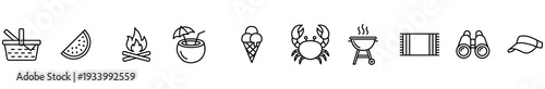 Summer beach picnic camping icon outline travel vacation line set featuring basket watermelon campfire coconut drink ice cream crab grill towel binocular cap