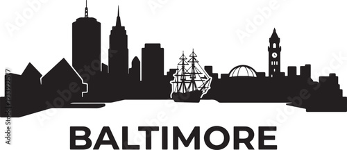 Baltimore city skyline with historic ship in silhouette