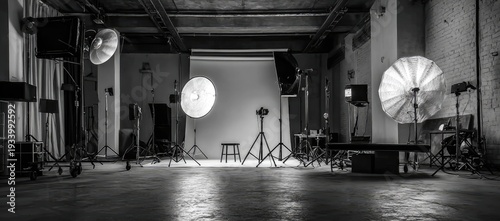 A dimly lit black and white photo studio with various lighting equipment setup