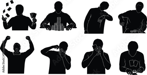 Dynamic silhouettes of poker players during a card game, including winning, bluffing, and losing expressions for gaming themes
