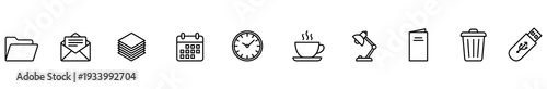 Icon outline line folder email document calendar clock coffee lamp set of minimal black symbols for office interface, including trash can and usb drive, isolated on white background