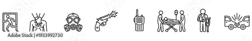 Emergency exit insect gas mask gun walkie talkie stretcher medic icons in simple line style depicting safety hazard communication rescue injury support medical care traffic accident