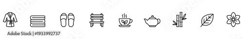 Spa wellness bathrobe towel slipper bench tea teapot line icon set for relaxation theme, bamboo leaf flower decoration, minimalist outline on white background, calm mood