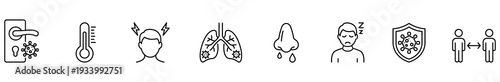 Handwashing thermometer headache lung runny nose fatigue immunity virus shield distancing line icon set for cold symptom hygiene infection control health guideline infographic