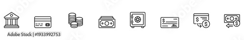 Finance icon bank credit card coin cash safe check transfer outline symbol set for payment, saving, banking, money exchange, business interface, minimal black line on white