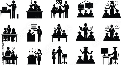 Education and school vector illustration set, teacher and students in classroom, diverse learners studying and graduating, student on a desk