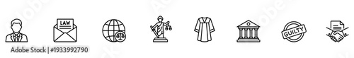 Legal lawyer law justice court contract agreement lawsuit icon set, black outline line art for web interface, business document, global regulation, courthouse, verdict stamp, handshake