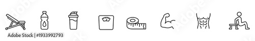 Fitness gym workout exercise nutrition hydration weight measurement icons set featuring bench water bottle shaker cup scale tape measure muscle arm abdomen torso lunge pose