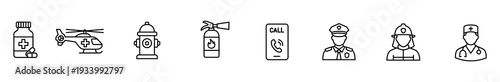 Emergency medical icon line vector outline safety rescue set featuring medicine bottle air ambulance helicopter fire hydrant extinguisher phone call police firefighter doctor