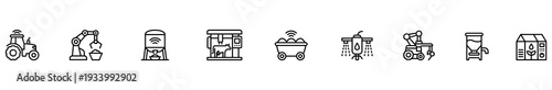 Smart farming agriculture icon outline tractor robot automation technology line symbol set featuring robotic arm, grain silo, dairy stall, wireless cart, sprinkler, harvester, milk carton