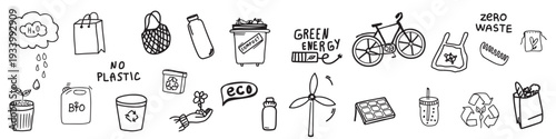 Set of eco friendly hand drawn doodles about zero waste lifestyle and green energy on a transparent background