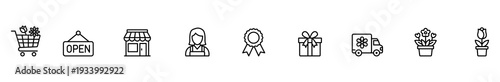 Cart open store cashier ribbon gift truck flower icon outline set, minimalist line symbol for retail, ecommerce, delivery, promotion, and floral shop navigation on white background