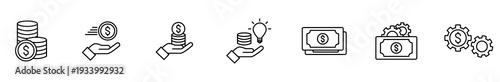 Finance money coin payment savings investment banking icon set featuring hand with coin stack lightbulb idea banknote cash gear and cogwheel clean outline style for business graphic design