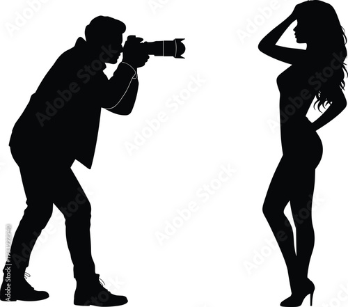 Black silhouette of a male professional photographer with a camera shooting a beautiful fashion model in a glamorous pose for studio and media concepts.
