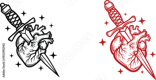 Anatomical Heart with Dagger Tattoo Icon Set, Black and Red Vector Illustration