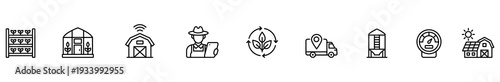 Farm agriculture icon outline set farmer greenhouse barn includes produce shelf, crop cycle, delivery truck, silo, gauge, solar house, clean sustainable food concept