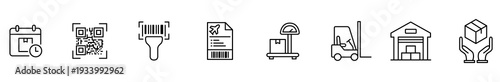 Logistics warehouse shipping delivery inventory barcode scanner forklift outline icon set for supply chain tracking, storage, scheduling, and parcel handling on white background