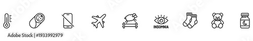 Icon line health sleep insomnia temperature baby smartphone set showing travel airplane, bed, eye symbol, sock, teddy bear, medicine bottle, minimal outline on white background