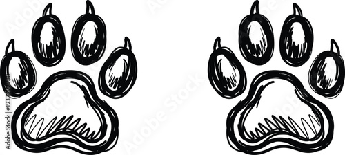 Paw Print Doodle Icon Set in Black and Blue, Pet Animal Footprint Vector
