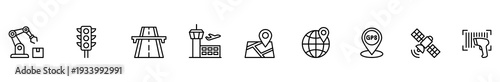 Icon navigation location map gps satellite barcode scanner set of outline symbols for logistics technology and transport, including robot arm, traffic light, airport tower, globe, pin