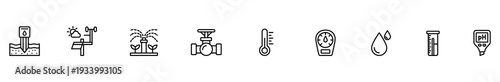 Irrigation water gardening agriculture sensor sprinkler valve thermometer minimal outline icon set showing soil probe irrigation head fountain pipe valve gauge droplet rain tube pH meter