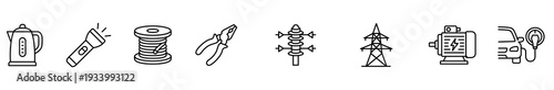 Kettle flashlight wire spool pliers insulator pylon computer line icon set for electrical equipment, power transmission, repair tool, and technology, minimal outline style on white