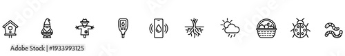 Garden icon set line birdhouse gnome scarecrow thermometer smartphone root weather basket ladybug worm, minimal black outline symbol collection on white for agriculture graphic design