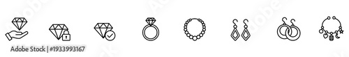 Jewelry icon outline diamond ring earring bracelet set collection featuring gemstone hand, secure lock, approval check, bead strand, charm bangle, minimal line art