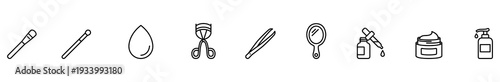 Cosmetic makeup beauty icon outline vector skincare tool line art set with spatula swab drop eyelash curler tweezer mirror nail polish cream jar pump bottle banner