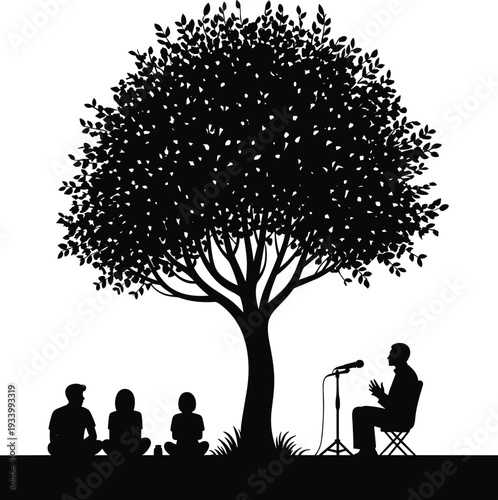 Black silhouette of a teacher or speaker with a microphone talking to a group under a large tree for outdoor education and storytelling concepts.