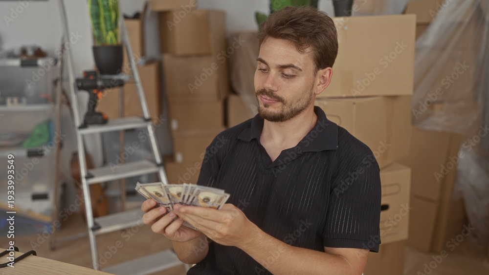 Fototapeta premium Man counting cash with his hands amid packed moving boxes and a ladder inside a building during a house move; moving day relief.