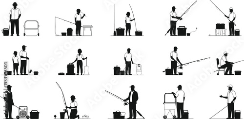 Fisherman and woman silhouettes fishing with rods, showcasing outdoor activity, recreation, and hobby, with various fishing poses and gear