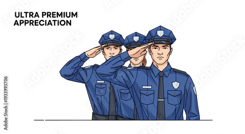 Illustration of three Indian security forces in blue uniforms saluting with a symbol of appreciation on their uniforms, conveying respect and teamwork in a 3D design