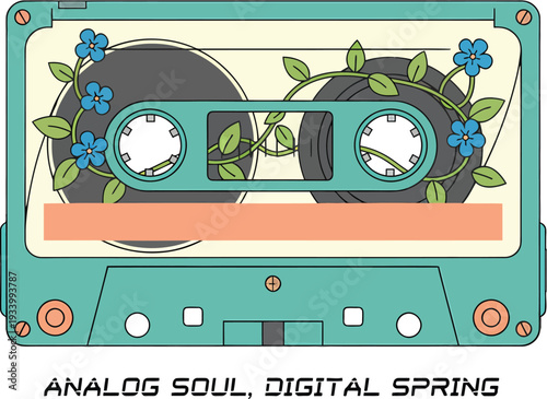 Retro Teal Cassette Tape with Blue Flowers and Green Vines Vector