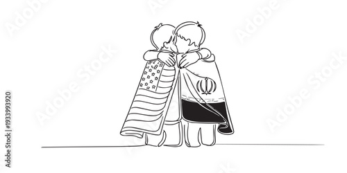 single line drawing depicting two children embracing while draped in national flags. continuous line expresses peace between America and Iran.