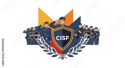 Illustration of CISF Raising Day poster with Indian security forces in uniform saluting, surrounded by laurel wreaths and geometric shapes in shades of blue, yellow, and red