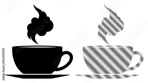 Two cups of hot beverage, one black silhouette and one metallic striped, with steam rising.