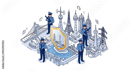 Illustration of Indian security forces in blue uniform saluting around a shield on CISF Raising Day with a cityscape background and a symbol of appreciation