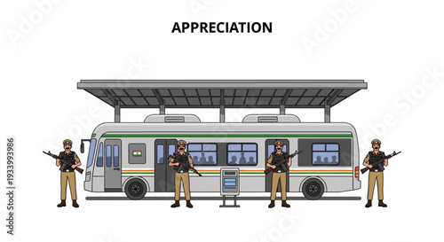 Illustration of Indian security forces in uniform standing guard beside a bus on CISF Raising Day with a symbol of appreciation