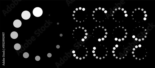 Minimalist circular loading buffering icon set with progressive dots status for digital UI UX dark mode interface design.