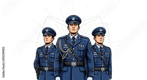 Illustration of three Indian security forces in blue uniforms with helmets and badges standing together in a symbol of teamwork and appreciation on CISF Raising Day