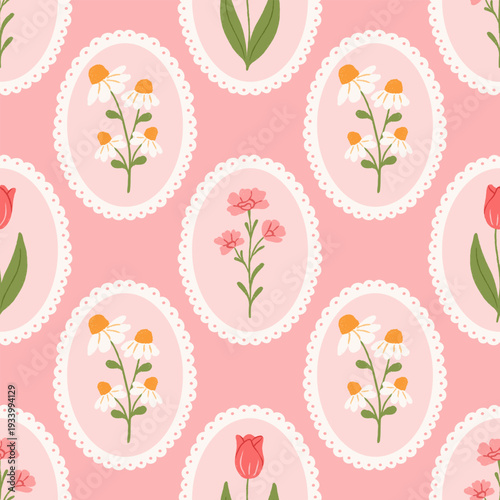 Coquette seamless floral pattern with hand drawn beautiful flowers in decorative frames. Spring summer preppy vintage print. Vector illustration for wrapping paper, baby clothes, wallpaper.