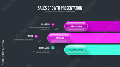 Professional Analysis 3 Element Diagram Frame Design. Product Review Slideshow Layout Vector Illustration. Company Planning Three Option Infographic Presentation Template.